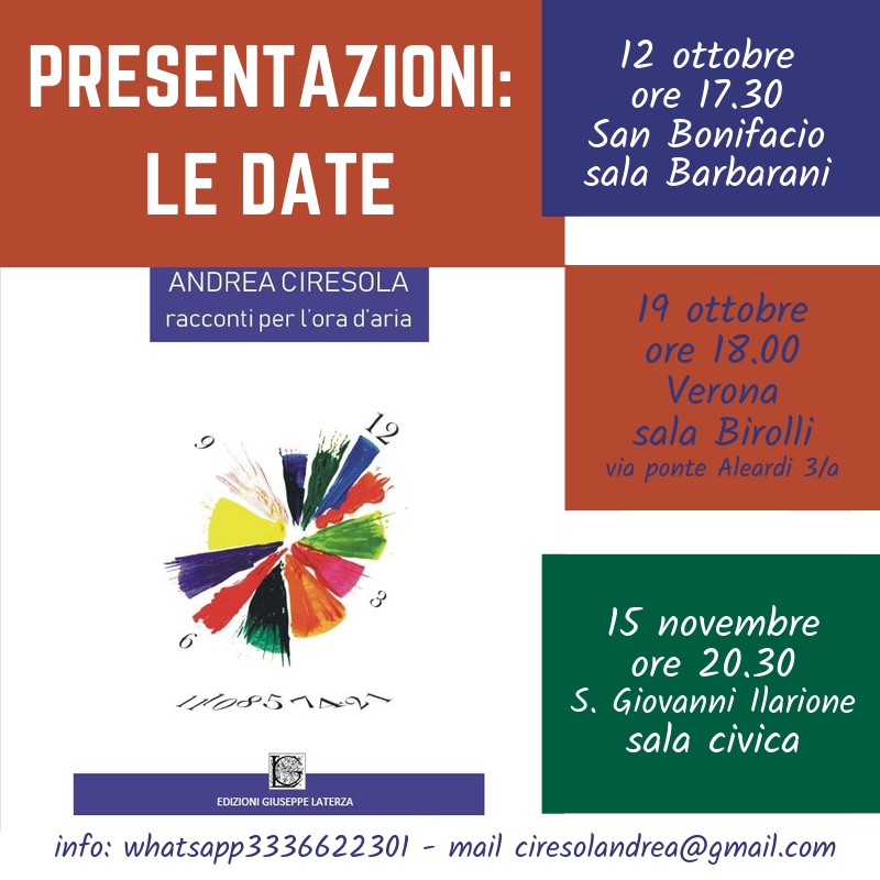 Ecco le date delle prossime serate di presentazione del libro RACCONTI PER L’ORA D’ARIA. Serate di musica, letture e dialogo con l’autore.